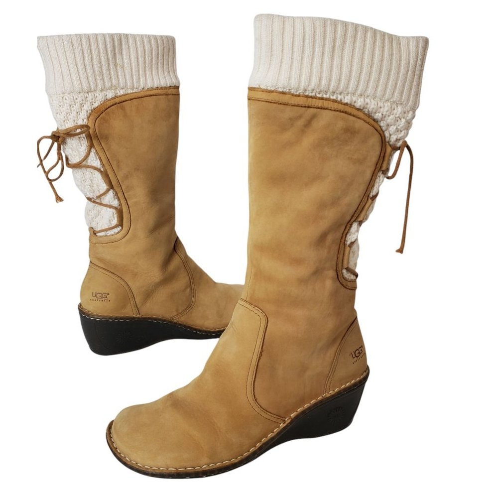 UGG Australia Tall Suede Leather Boots Sheep Skin Lining Wedge Platform Lace Up